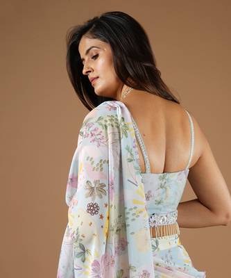 Blue Vintage Botanical Print Ruffle Saree 7