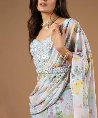 Blue Vintage Botanical Print Ruffle Saree 9