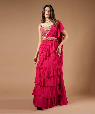 Ruby Pink Ruffle Saree 1