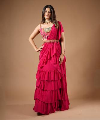 Ruby Pink Ruffle Saree 2