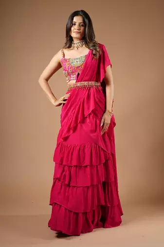 Ruby Pink Ruffle Saree