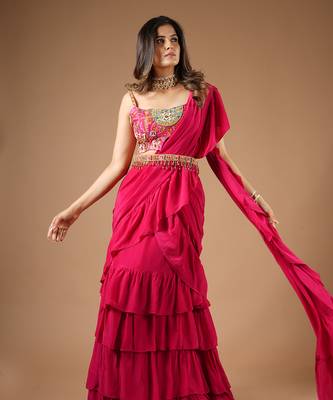 Ruby Pink Ruffle Saree 3