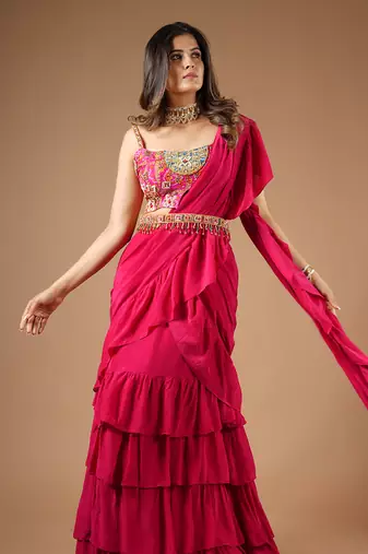 Ruby Pink Ruffle Saree
