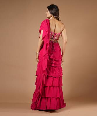 Ruby Pink Ruffle Saree 4