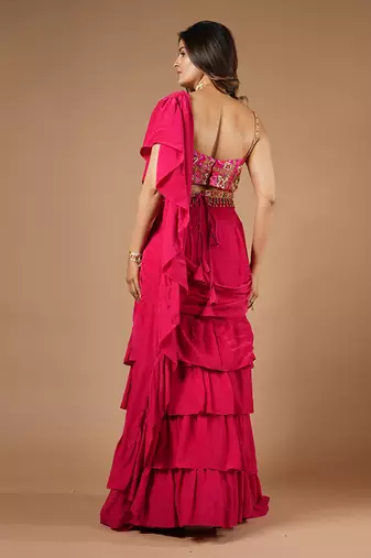 Ruby Pink Ruffle Saree