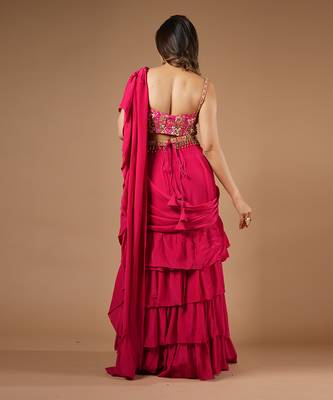 Ruby Pink Ruffle Saree 5