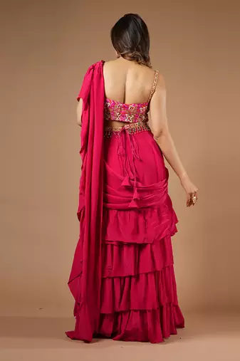 Ruby Pink Ruffle Saree