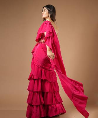 Ruby Pink Ruffle Saree 6