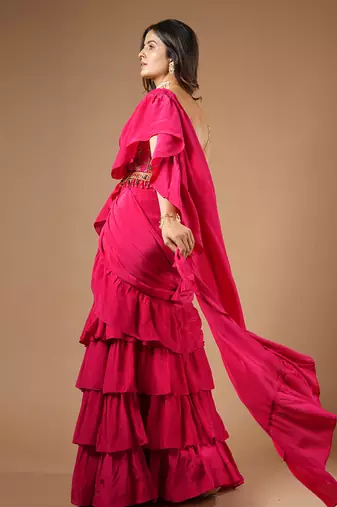 Ruby Pink Ruffle Saree