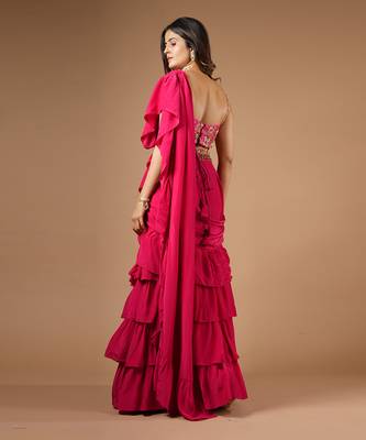Ruby Pink Ruffle Saree 7