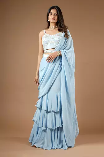 Powder Blue Playful Ruffle Saree