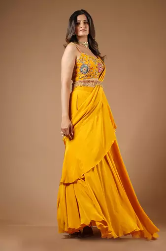 Mustard Yellow Ruffle Saree