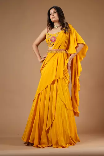Mustard Yellow Ruffle Saree