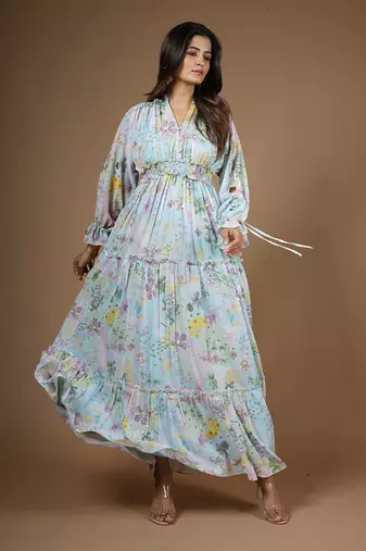 Blue Vintage Botanical Printed Dress