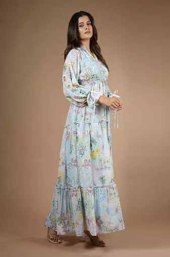 Blue Vintage Botanical Printed Dress