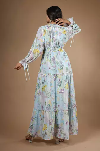 Blue Vintage Botanical Printed Dress