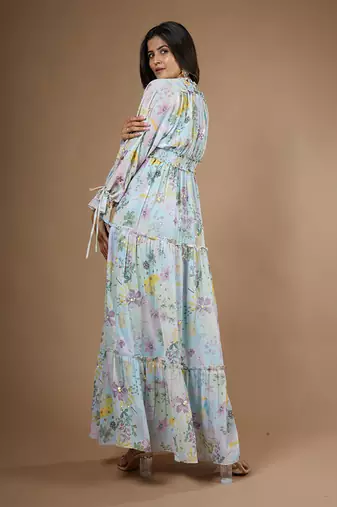 Blue Vintage Botanical Printed Dress