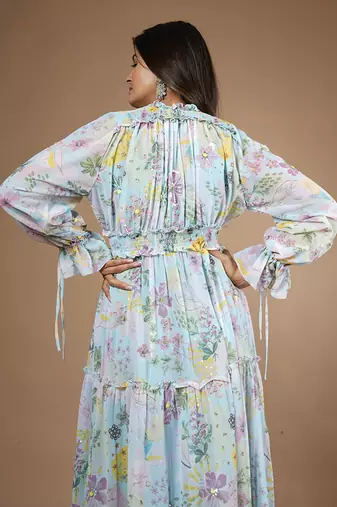 Blue Vintage Botanical Printed Dress