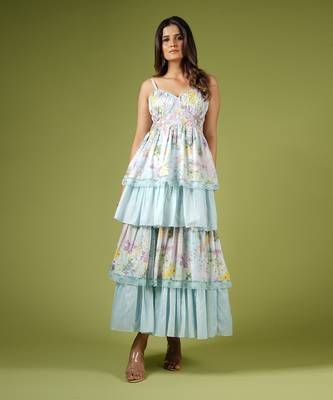 Blue Vintage Botanical Printed Frilly Fairy Dress 1