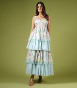 Blue Vintage Botanical Printed Frilly Fairy Dress