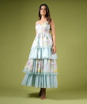 Blue Vintage Botanical Printed Frilly Fairy Dress 2