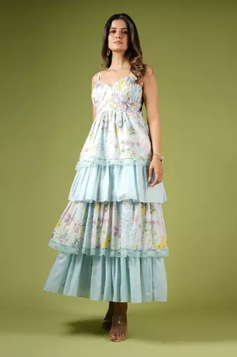 Blue Vintage Botanical Printed Frilly Fairy Dress
