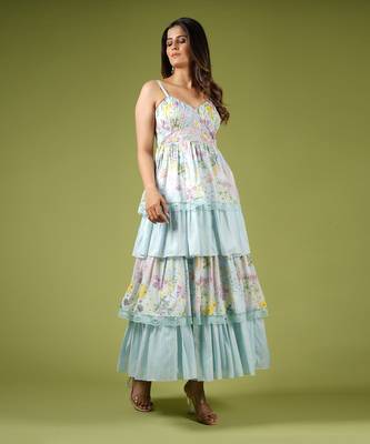 Blue Vintage Botanical Printed Frilly Fairy Dress 3