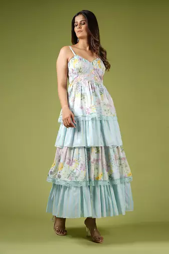 Blue Vintage Botanical Printed Frilly Fairy Dress
