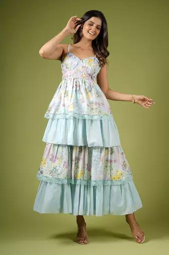 Blue Vintage Botanical Printed Frilly Fairy Dress