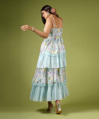 Blue Vintage Botanical Printed Frilly Fairy Dress 5