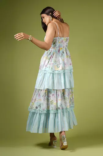Blue Vintage Botanical Printed Frilly Fairy Dress