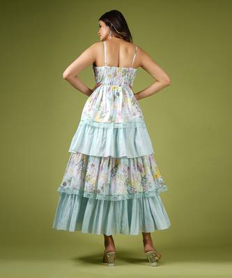 Blue Vintage Botanical Printed Frilly Fairy Dress 6