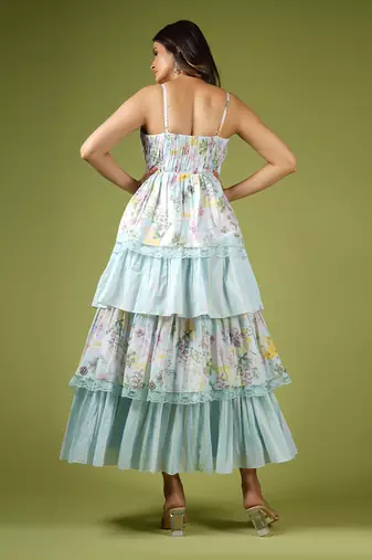 Blue Vintage Botanical Printed Frilly Fairy Dress