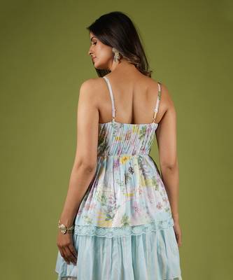 Blue Vintage Botanical Printed Frilly Fairy Dress 7
