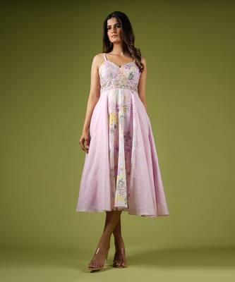 Pink Vintage Botanical & Stripes Printed Dress 1