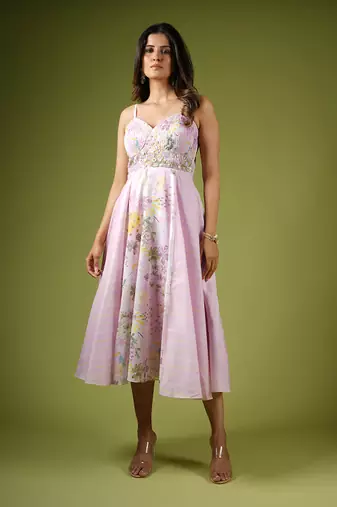 Pink Vintage Botanical & Stripes Printed Dress