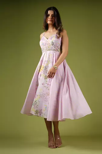 Pink Vintage Botanical & Stripes Printed Dress