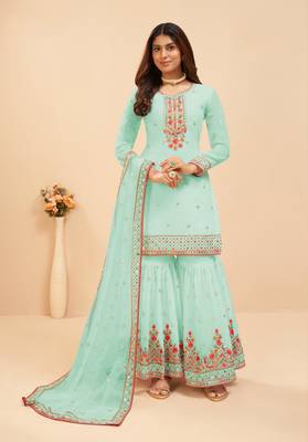 Light-sea-green embroidered faux georgette salwar 1