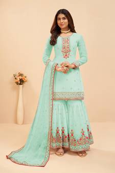 Light-sea-green embroidered faux georgette salwar