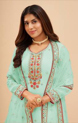 Light-sea-green embroidered faux georgette salwar 2