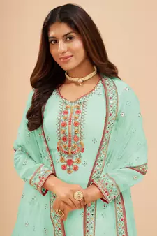 Light-sea-green embroidered faux georgette salwar