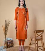 Orange Traditional Embroidered Cotton Kurta
