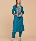 Blue Artistic Floral Embroidery Straight Cotton Kurta