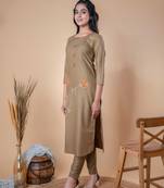 Brown Embroidered Straight Cotton Kurta