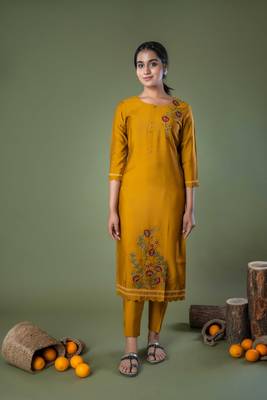 Mustard Floral Sequence embroidery straight silk kurta 1