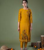 Mustard Floral Sequence embroidery straight silk kurta