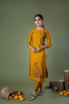 Mustard Floral Sequence embroidery straight silk kurta 2