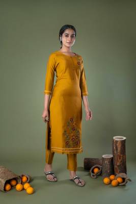 Mustard Floral Sequence embroidery straight silk kurta 4