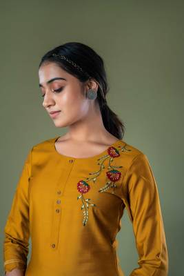 Mustard Floral Sequence embroidery straight silk kurta 5