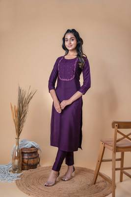 Purple embroidered art silk party-wear-kurtis 2